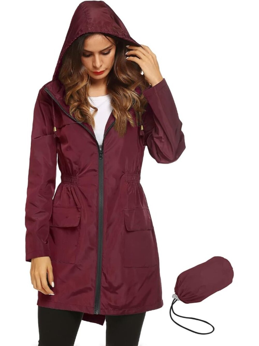 Women Wine Solid Packable Hooded Active Lightweight Waterproof Trench Rain Coat